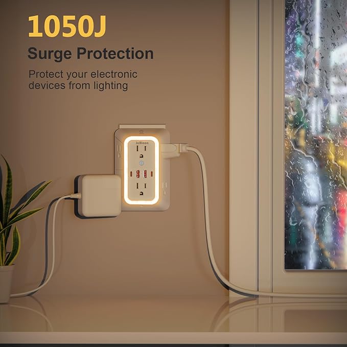 Wall Outlet Extender with Night Light, Power Plug Adapter 6 Outlet Extender with 4 USB Charging Ports 1050J Power Strip Multi Plug Adapter Spaced for Home Travel Office (2U2C)