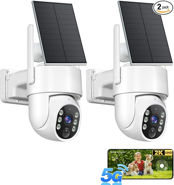 Solar Security Cameras Wireless Outdoor, 5G WiFi Cameras for Home Security, 2K 360° PTZ Battery Powered Outside Cam, 2 Way Talk, Color Night Vision, Human Detection for Porch/Garage/Yard, 2 Packs