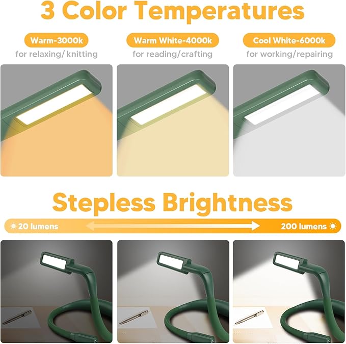 Neck Reading Light, Book Light for Reading in Bed, Eye-friendly Wide Reading Lamp, Bendable Arms & 2 Bright Lights, Rechargeable Booklight Stepless Dimming, Book Lover Gift Knit Crochet Craft
