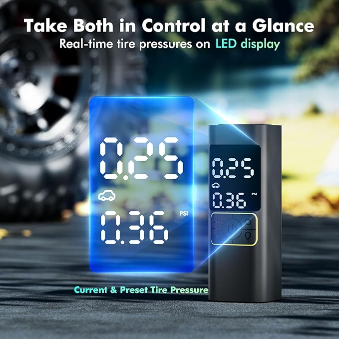 Tire Inflator Portable Air Compressor, Upgraded 2.0 Dual-Cylinder, 150PSI & 1-Min Fast Inflation, Auto Shutoff, LED Dual Displays, Cordless Pump for Cars, Trucks, Motorcycles, Bicycles, and More