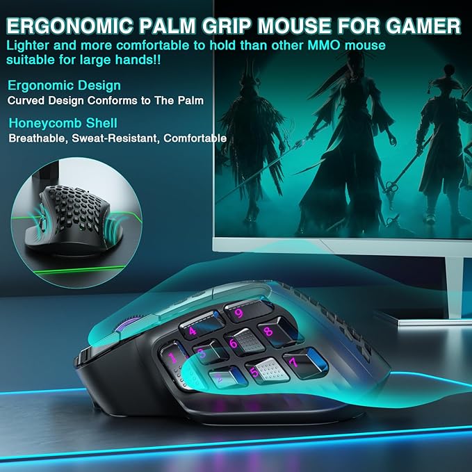 SM809 Pro Wireless MMO Gaming Mouse with 9 Side Buttons,24000 DPI,Triple Connectivity (2.4G/BT5.0/Wired) RGB MMO Mouse for Gamer,16 Programmable Macros,Up to 350H Battery Life,Black