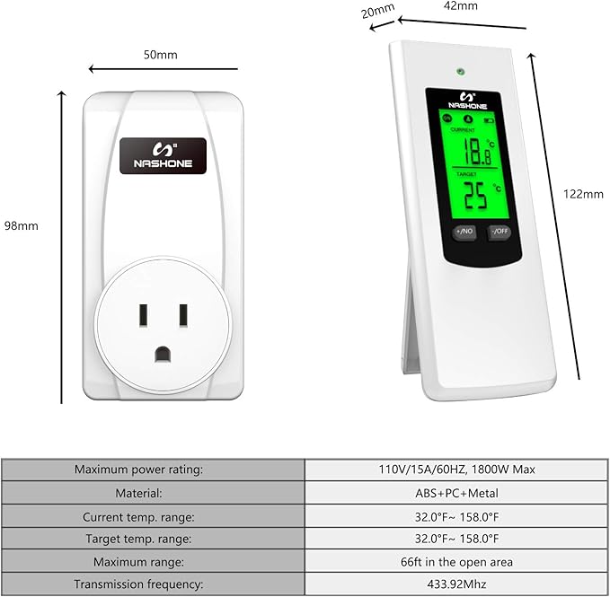 Nashone Wireless Plug in Thermostat, Digital Thermostat Outlet LCD Display Temperature Controller with Heating and Cooling Mode for Portable Heater, Wall Panel Heater, Window AC, and More