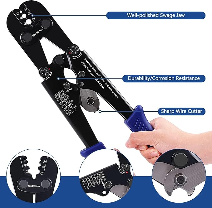 Yangoutool Wire Rope Crimping and Cutting Kit: Suitable for 1/16inch (1.59mm) to 1/8inch (3.18mm) Steel Cable Swaging, Includes 100pcs 1/8inch Aluminum Double Barrel Sleeves and 50pcs M3 Loop Thimbles