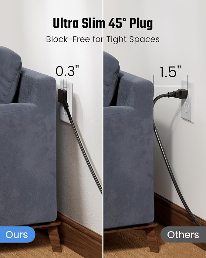 Extension Cord 6ft SUPERDANNY Mini Power Strip Ultra Right Angled Flat Plug for Tight Spaces,Indoor Extension with 3 Outlets,for Office Home Appliances,Non Surge Protector for Travel Cruise,Black