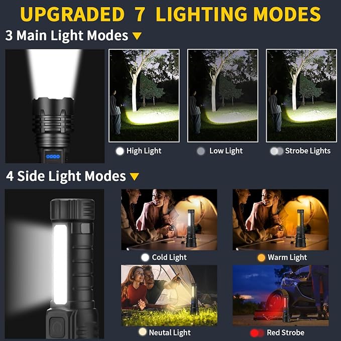 Rechargeable Flashlights High Lumens, 7Mode Flashlights Rechargeable, Super Bright Flashlight, Adjustable Tactical Flashlight, High Powered Flash Light, LED Flashlight for Emergency Home 4Pack