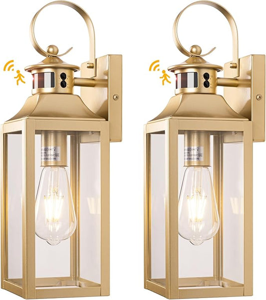 Motion Sensor Outdoor Wall Lights 2 Pack - Gold Dusk to Dawn Light Fixtures, Modern Exterior Wall Sconces, Large Outside Lamps for House, Garage Wall Lanterns 16"