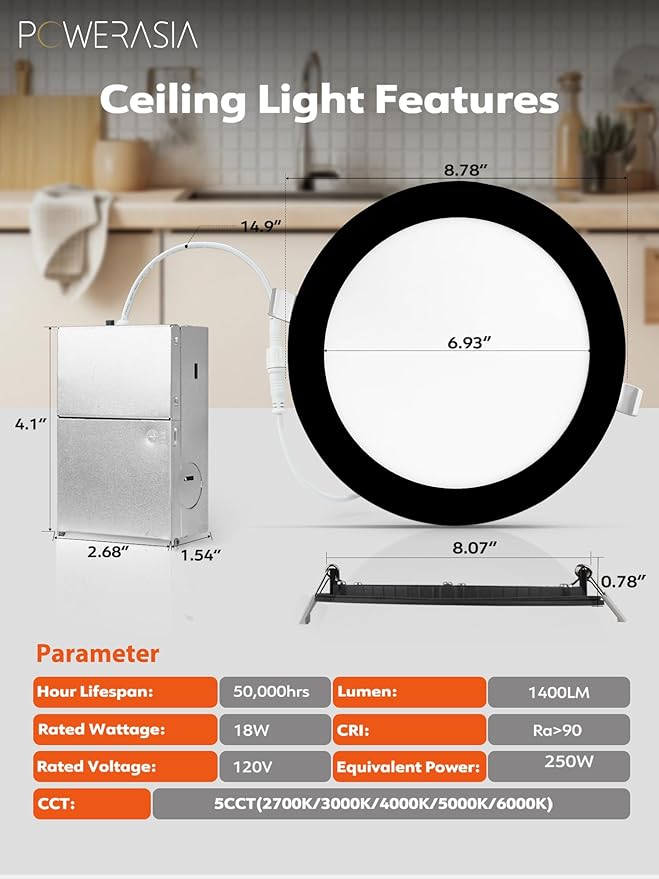 12 Pack Black Recessed Lighting with Junction Box, 8 Inch LED Recessed Lights Dimmable 2700K/3000K/4000K/5000K/6000K, 18W 1400lm Ultra Thin Recessed Lighting - ETL and Energy Star Certified