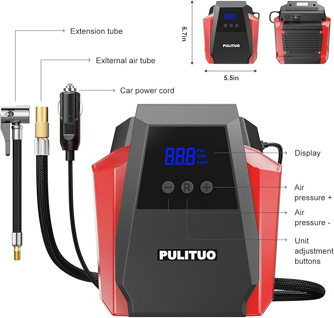 PULITUO Tire Inflator Portable Air Compressor - Car Accessories 12V DC Air Pump for Car Tires with Digital Pressure Gauge, Emergency LED Light for Wheel,Bike, Ball, Motor