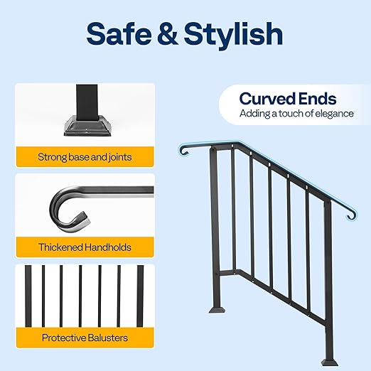 VIVOHOME 2-Pack 3 Step Galvanized Steel Hand Rails for Outdoor Steps – Curved Ends and Safety Balusters Exterior Railing for Porch, Deck, or Indoor Stairs, Complete Installation Kit