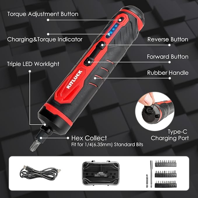 Electric Screwdriver, 4V Power Cordless Screwdriver Rechargeable Set with Li-ion Battery, 31 Bits&Extension Rod, 3 LED, 3 Adjustable Torque, Magnetic Hex Chuck, Mini Electric Screw driver Kit