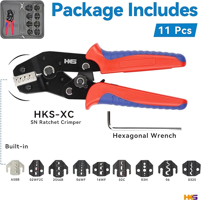 HKS Ratcheting Crimping Tool Set 11 PCS with Changeable Jaws for Dupont JST MOLEX - Open Barrel Terminals, Insulated & Non-Insulated Ferrules, Terminals & Butt Connectors,Solar & Coax Connectors