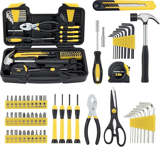 58 Piece Household Tool Set, General Household Hand Tool Kit with Plastic Toolbox Storage Case, All Purpose Household Tool Kit for Home, Garage, Office and College Dormitory Use, Yellow