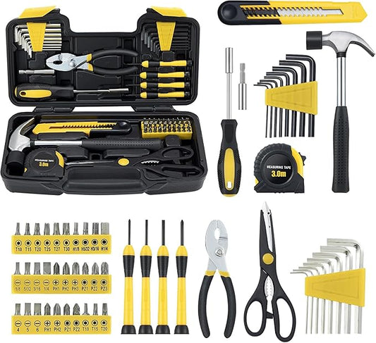 58 Piece Household Tool Set, General Household Hand Tool Kit with Plastic Toolbox Storage Case, All Purpose Household Tool Kit for Home, Garage, Office and College Dormitory Use, Yellow