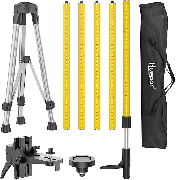 Huepar 12 Ft./3.7m Telescoping Pole with 1/4-Inch by 20-Inch Laser Mount for Rotary and Line Laser Level, Adjustable Telescoping Pole with Tripod - 5/8"-11 Adapter Nut Included LP36