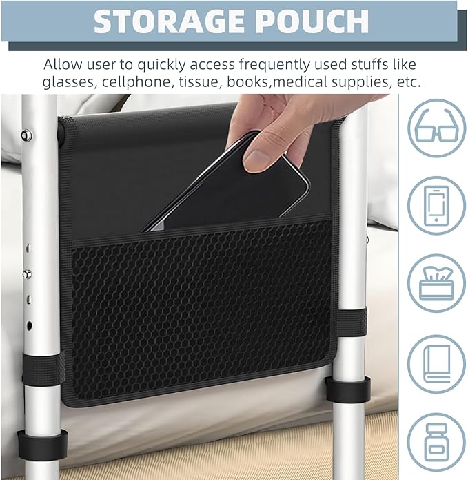 Bed Rails for Elderly Adults Safety, Adjustable Bed Assist Rails for Seniors, Bedrails with Support Legs and Storage Pocket, Bed Railing Cane Fit Single, Double King,Queen,Full, Twin Beds