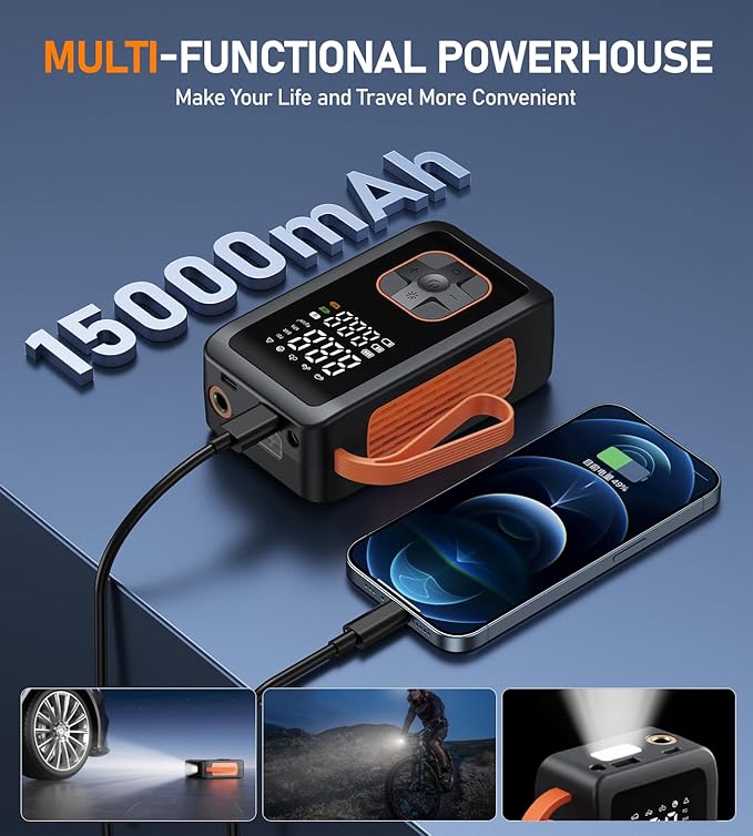 Tire Inflator Portable Air Compressor, 180PSI & 15000mAh Cordless Air Pump for Car Tires with Pressure Gauge, 3X Faster Tire Pump with Cigarette Lighter Plug for Car, Motorcycle, Bicycle, Ball(Black)