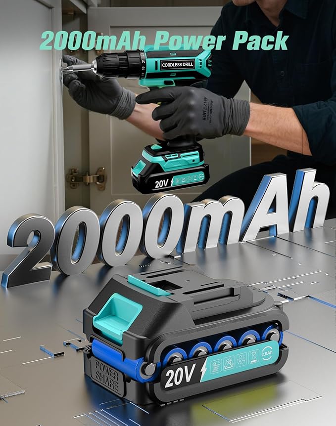 Cordless Drill, 20V MAX Power Drill Set with 2.0Ah Power Pack & Charger, 3/8 Inch Keyless Chuck, Variable Speed, 25+1 Position and 56PCS Bits/Screws, Power Tools for Home Projects