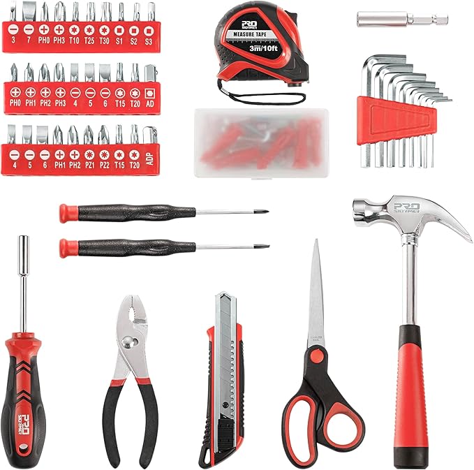 Prostormer 93-Piece Tool Kit, Basic Household Repair Tool Set with Toolbox Storage Case, Small Starter Tool Box Kit for Homeowners and College Students (Red)