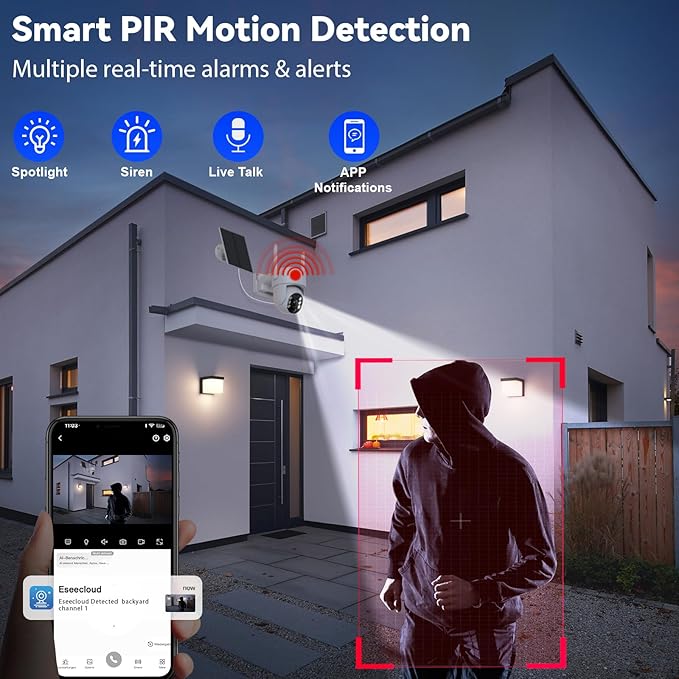 Solar Camera Outdoor Wireless, 5G Solar Security Cameras for Home Security, WiFi Security Cameras Wireless Outdoor, 360° View PTZ, AI PIR Human Detection Alerts, Color Night Vision, SD/Cloud Storage