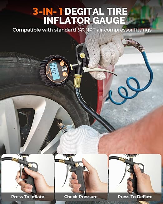 ETENWOLF T500 Digital Tire Pressure Gauge with Inflator, Tire Gauge 0-250 PSI, Calibrated to ANSI B40.7 Grade 2A, Air Chuck & Compressor Accessories with Storage Bag, Black