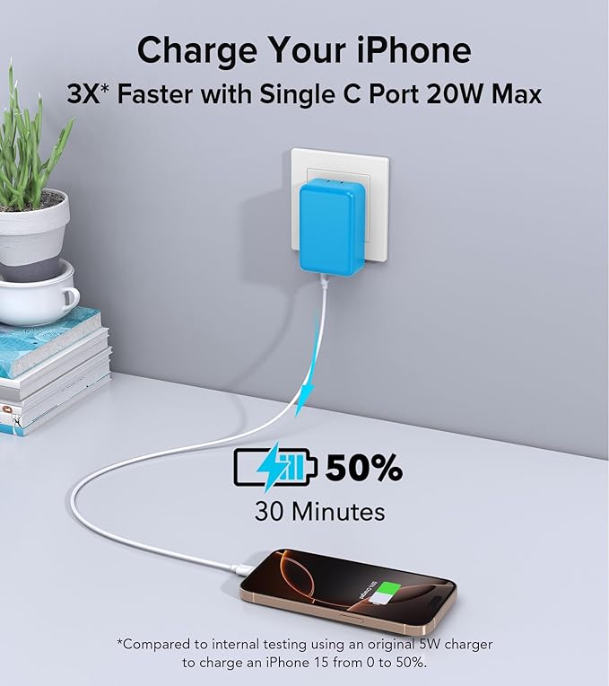 2Pack Flat USB C Charger Block, 40W 4-Port Fast Charger 20W Type C Charging Block 3.1A USB Wall Charger Dual Port PD+QC Charging Cube for iPhone 16 15 14 13 12 Pro Max XS, iPad,Samsung,（Light Blue ）