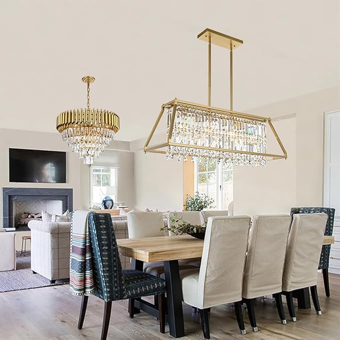 Crystal Chandelier Light for Dining Room, 4-Light Trapezoidal Industrial K9 Crystal Pendant Lights with Brushed Gold Metal Frame Pendant Lamp for Kitchen Island Living Room Entryway (Gold)