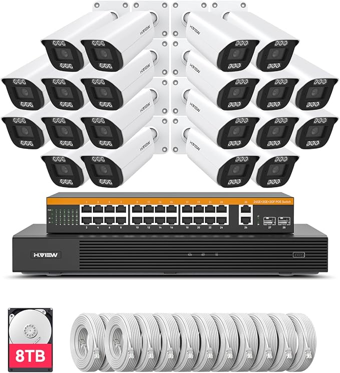 H.VIEW 32CH 4K PoE NVR Security Camera System 8TB, Smart Detection, Smart Human Detection, 20x8MP Outdoor Commercial PoE IP Cameras, AI Detection Trigger Color Night Vision, Surveillance for Business