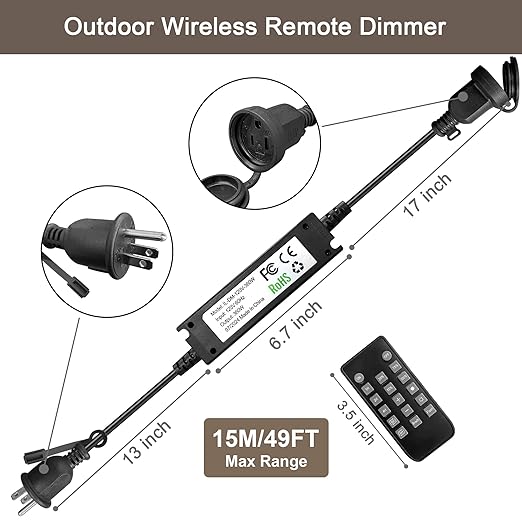 Banord Outdoor Plug-in Dimmer Switch with Wireless Remote Control, 360W Max for LED String Lights, 4-Level Brightness Modes & Waterproof Design