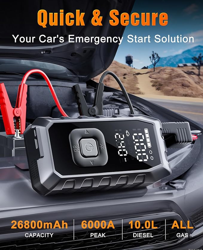 Portable Jump Pack with Air Compressor,65W Fast Charge 180PSI Cordless Electric Tire Inflator with Digital Pressure Gauge,Jump Starter Auto-Off for Car Bicycle Inflatable,Battery Booster with Light