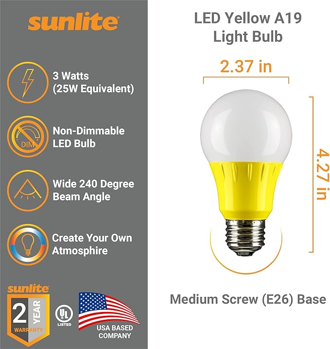 Sunlite 80144 LED A19 Colored Light Bulb, 3 Watts (25w Equivalent), E26 Medium Base, Non-Dimmable, UL Listed, Party Decoration, Holiday Lighting, 1 Count, Yellow