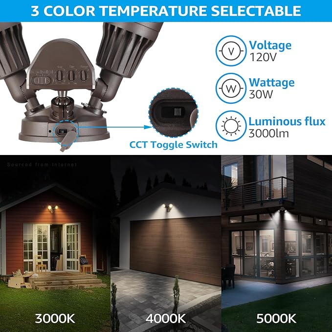 LEONLITE 3CCT LED Security Light, Motion Sensor Flood Lights Outdoor, Aluminum, 3 Modes Motion Detector+Dusk to Dawn+Switch Control, 3000K/4000K/5000K Selectable, IP65, Adjustable 2-Head, ETL, Bronze