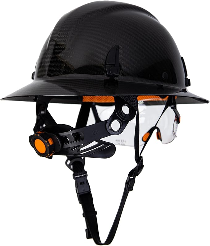 Carbon Fiber Full Brim Hard Hat Safety Helmet with Goggles and Leather Chin Strap 6-Point Suspension Adjustable Knob with Neck Protection