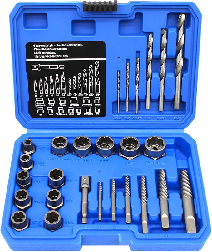 Screw Extractor Set, 26 Pieces Bolt Extractor Kit & Left Hand Drill Bit Kit, Easy Out Bolt Extractor Set with Hex Adapter for Broken, Damaged, Rusted, Rounded-Off Bolts, Nuts & Screws