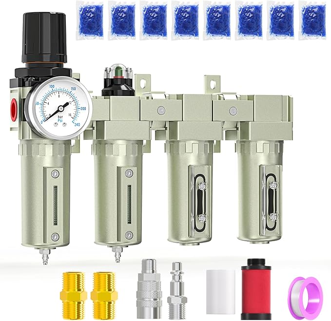 4 Stage Heavy Duty Industrial Grade 3/4" NPT Air Drying System For Plasma Cutter and Paint Spray, Coalescing Filter,Particulate Filter,Double Desiccant Dryer and Air Regulator,Manual Drain