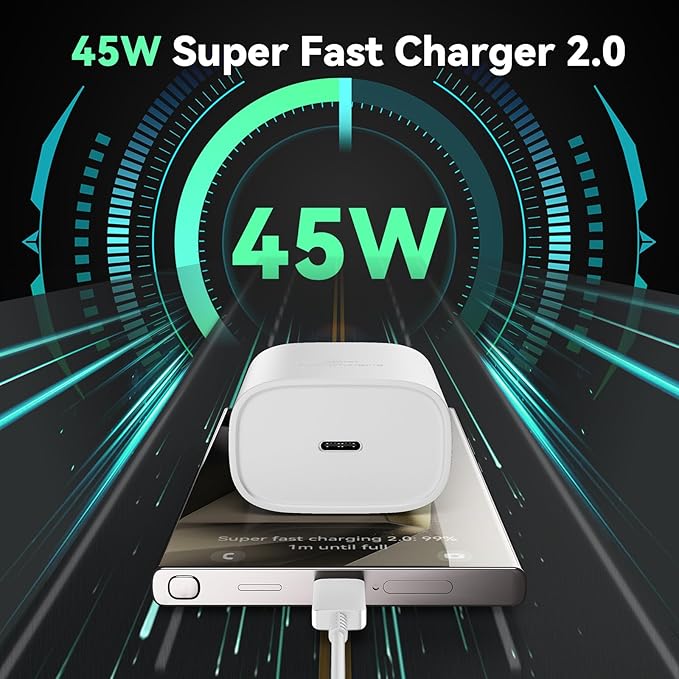 45W Super Fast USB C Android Phone Charger Type C Charge Fast Charging Block with 6.6FT C Charger Cord for Samsung Galaxy S25/S25 Ultra/S25+/S24 Ultra/S24/S24+/S23/S22/S21/S20/Note20/Note 10