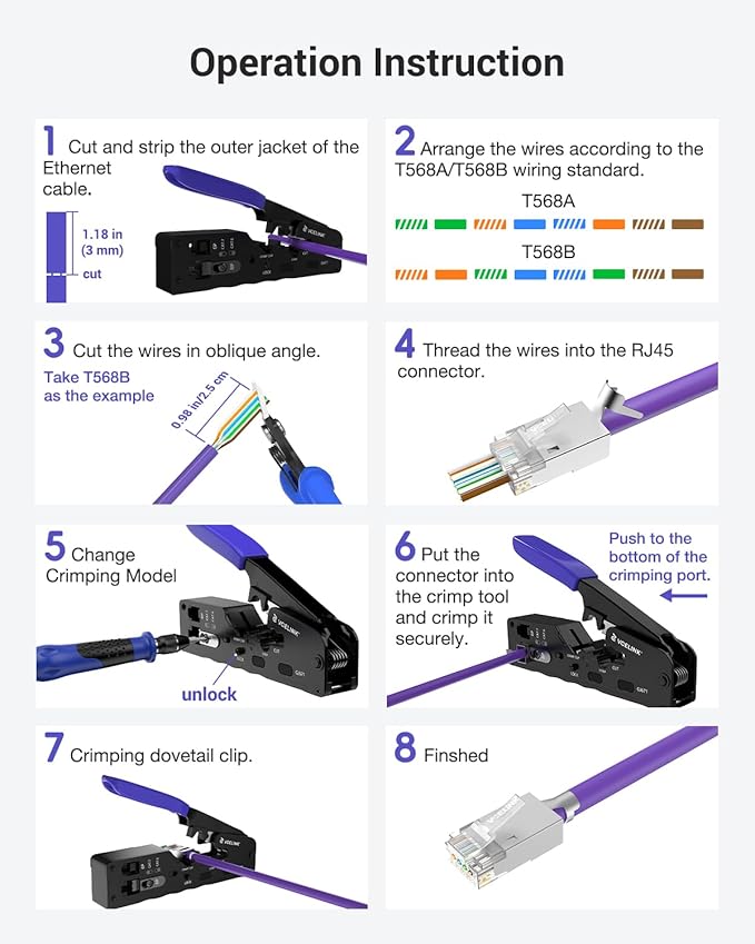 VCELINK RJ45 Crimp Tool, All-In-One Ethernet Pass Through Crimper for CAT7 CAT6A CAT6 CAT5e CAT5 Ethernet Connectors by Screw Adjustment, RJ45 and RJ11/RJ12 Crimping Tool with Mini Stripper