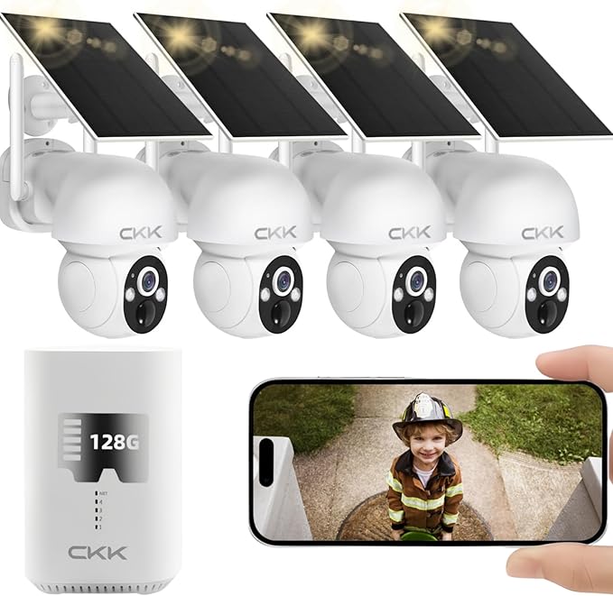 CKK 2.5K Solar Security Cameras Wireless Outdoor,Family Safety System,4 Cameras Kit with Full Color Night Vision,360° View,2.4Ghz WiFi Camera,2-Way Audio,Spotlight,128G Local Storage,No Monthly Fee
