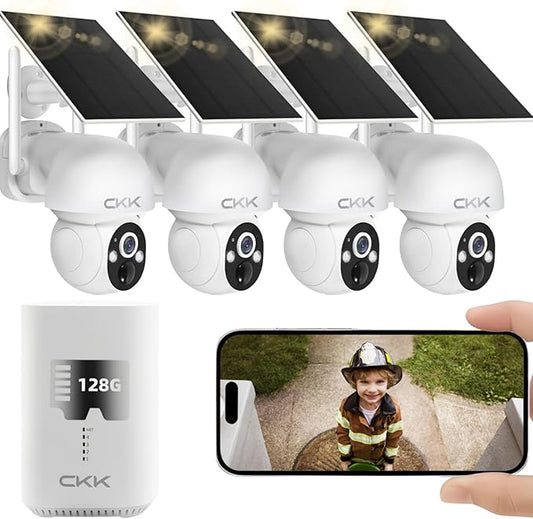 CKK 2.5K Solar Security Cameras Wireless Outdoor,Family Safety System,4 Cameras Kit with Full Color Night Vision,360° View,2.4Ghz WiFi Camera,2-Way Audio,Spotlight,128G Local Storage,No Monthly Fee