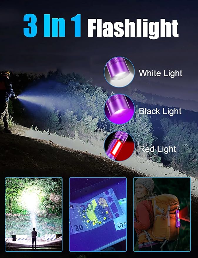 UV Rechargeable Flashlights Tactical,1000 High Lumens 3 in 1 LED Black Light Flashlight-Magnetic Base/Sidelight/Zoomable, Bright Pocket Flash Light with Case for Stains Detection,Purple/Black