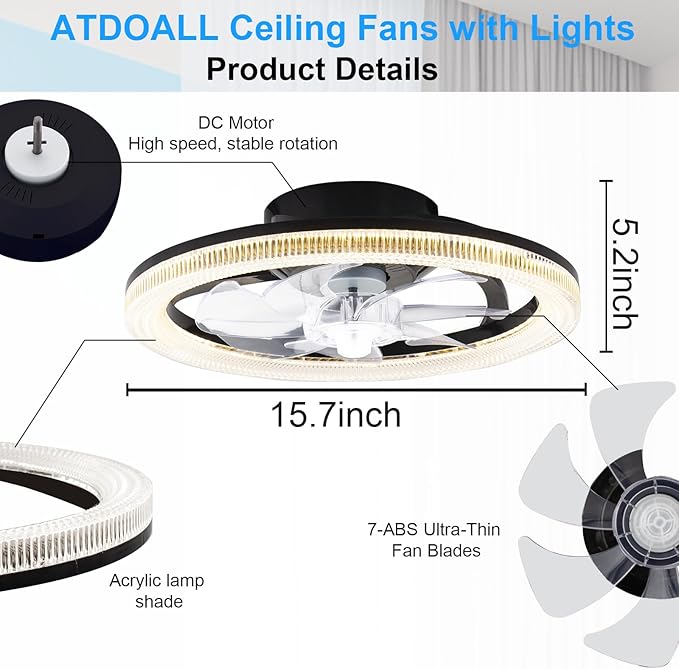 Ceiling Fans with Lights and Remote, 15.7"Flush Mount Ceiling Fan, 6Wind Speeds Low Profile Ceiling Fan with Light, Dimmable LED Fan Light, Modern Smart Leafless Ceiling Fan for Bedroom(Black)