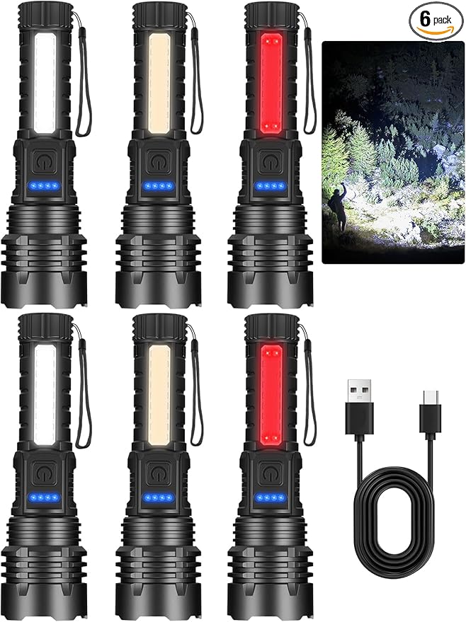 6Pack Rechargeable Flashlights, 7Mode Flashlights High Lumens, Super Bright LED Flashlight, Adjustable Tactical Flash Light, High Powered Flash Light, Handheld Flashlight for Home Emergency Camping