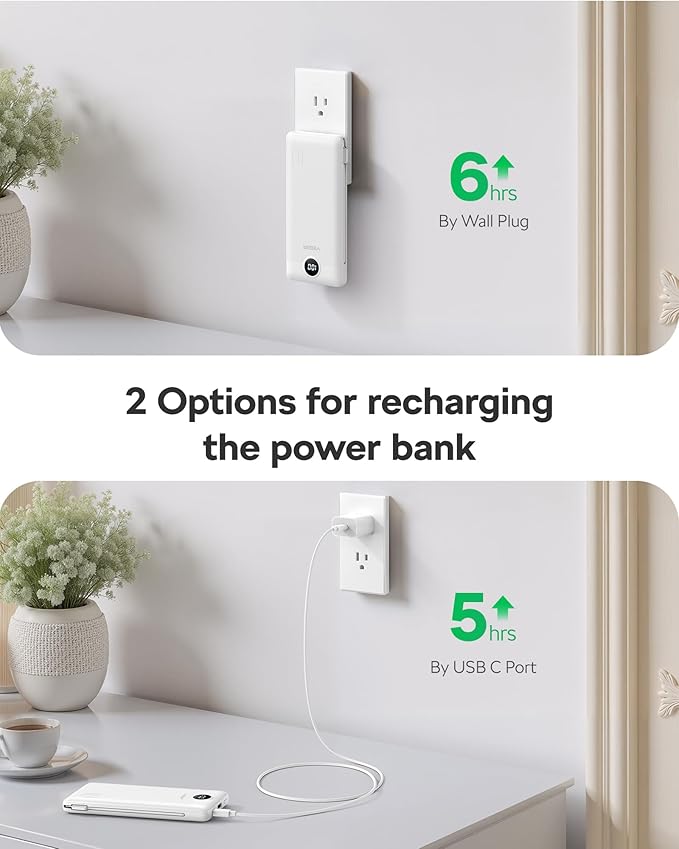 VEGER All-in-One Travel Portable Charger with Built-in AC Plug & Cables, 10000mAh Slim Power Bank Battery Pack, 15W Fast Charging for iPhone, Samsung, Android - White