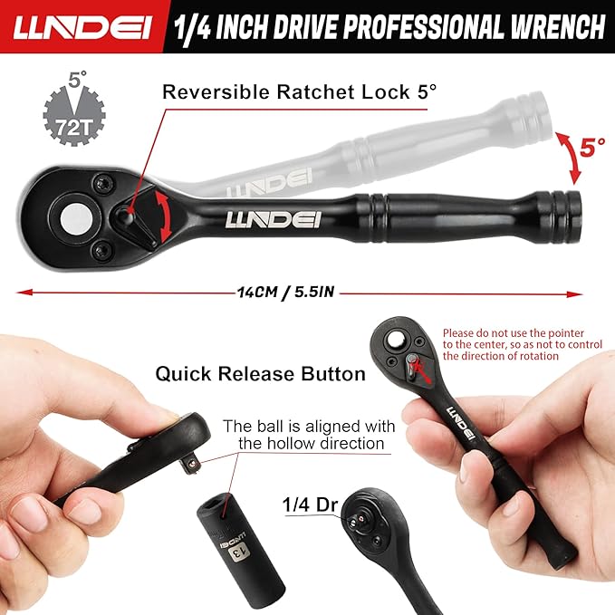LLNDEI 1/4 inch Drive Impact Socket Set 83 Piece,Standard SAE(5/32-9/16 inch) Metric Size(4-15mm),72T Ratchet Wrench Handle,CR-V Mechanics Tool Set with Adapter,Screwdriver Bits for Automotive Repair