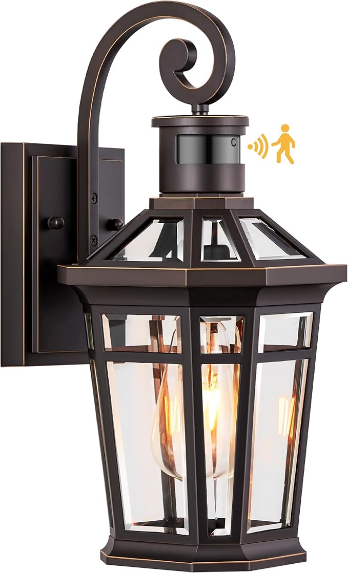 Motion Sensor Porch Lights Outdoor Wall Mount, Oil Rubbed Bronze Exterior Wall Sconce Lantern with E26 Socket, Waterproof Dusk to Dawn Outdoor Lighting Fixtures, Coach Lights for Garage, Patio