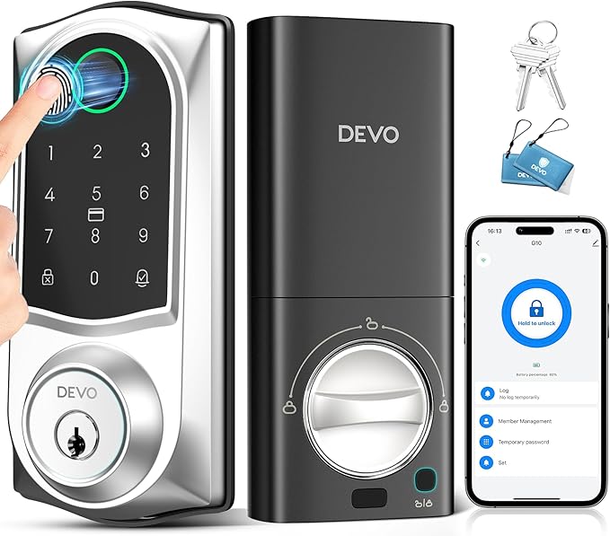 DEVO G10 WiFi Smart Deadbolt Lock, 6-in-1 Keyless Entry with Fingerprint, APP Remote Control, Digital Keypad, Front Door Lock，Auto-Locks,Easy Install，IP54 Waterproof