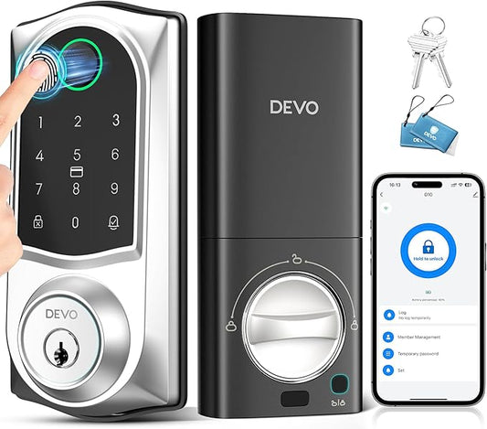 DEVO G10 WiFi Smart Deadbolt Lock, 6-in-1 Keyless Entry with Fingerprint, APP Remote Control, Digital Keypad, Front Door Lock，Auto-Locks,Easy Install，IP54 Waterproof