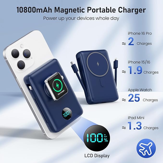 Magnetic Portable Charger for iPhone with Built-in Cables, 6-in-1 10800mAh Power Bank with iWatch Charger & LCD Display,25W Fast Charging Battery Pack for iPhone 16/15/14/13/12,Apple Watch (Blue)