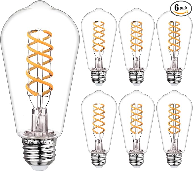 6 PCS Dimmable Vintage LED Edison Bulbs, 6W Equivalent 60 Watt, Warm White 2700K, Antique Flexible Spiral LED Filament Light Bulb, ST58 (ST19), 600 Lumens, E26 Base, Clear Plastic