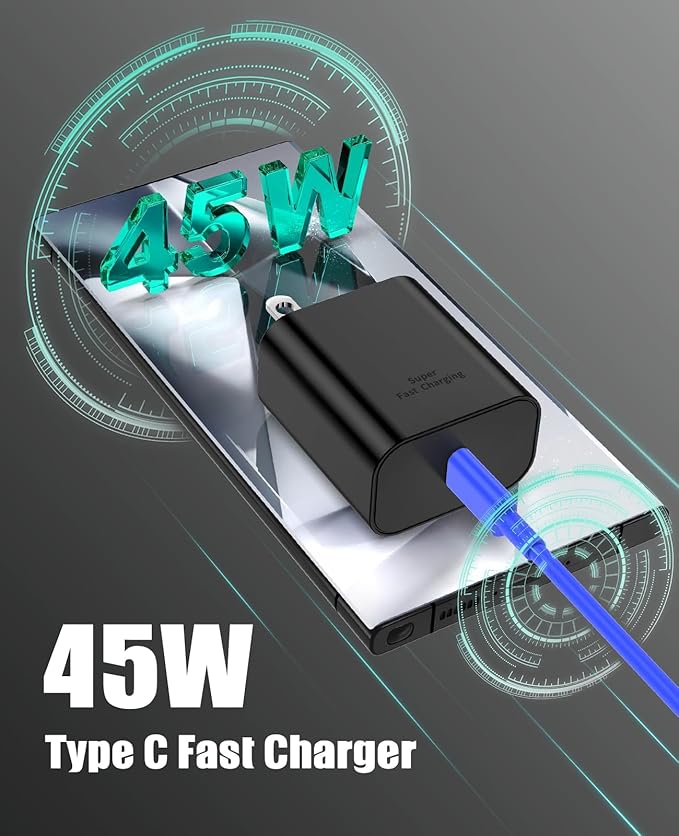 45W Super Fast Charger Type C for Samsung S24, USB C Android Phone Charger Fast Charging Block with 6FT/10FT Type C Charger Cord for Samsung Galaxy S24+ Ultra/S23+ Ultra/S22+ Ultra/iPhone 17/16-Blue
