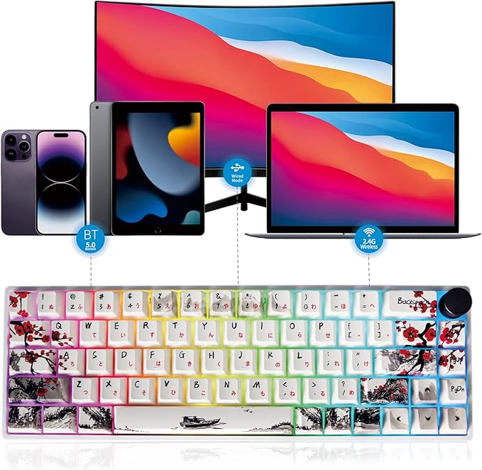 MOLGRIA GK68 68-Key RGB Backlit Gaming Keyboard with Plum Blossom Keycaps, Hot Swappable Red Mechinery Switches, Triple Mode Connection with Knob Mechanical Keyboard for Win/Mac OS